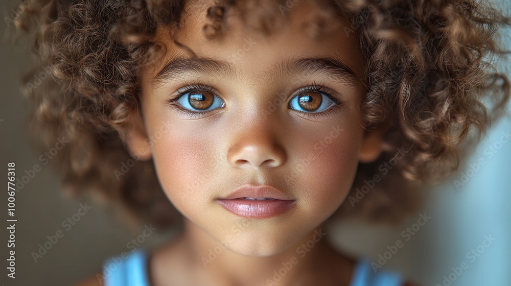 Wall mural a 9 year old brown boy with curly hair and brown eyes. 