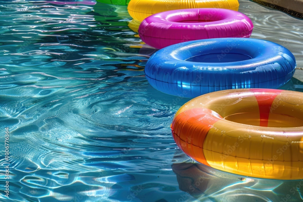 Poster Inflatable floats floating on the surface of a pool, ready for a fun day with friends and family