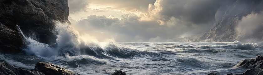 Dramatic seascape with crashing waves and dark clouds.