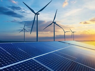 Solar panels and wind turbines in a field at sunset, representing a clean energy future.