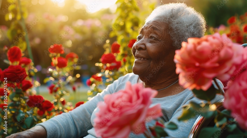 Canvas Prints A senior lady sits comfortably in a chair amidst a beautiful garden setting, perfect for editorial or commercial use