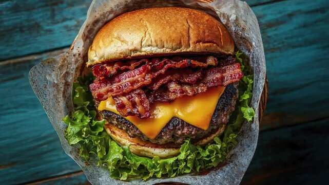 Delicious Bacon Cheeseburger with Fresh Lettuce on Rustic Table