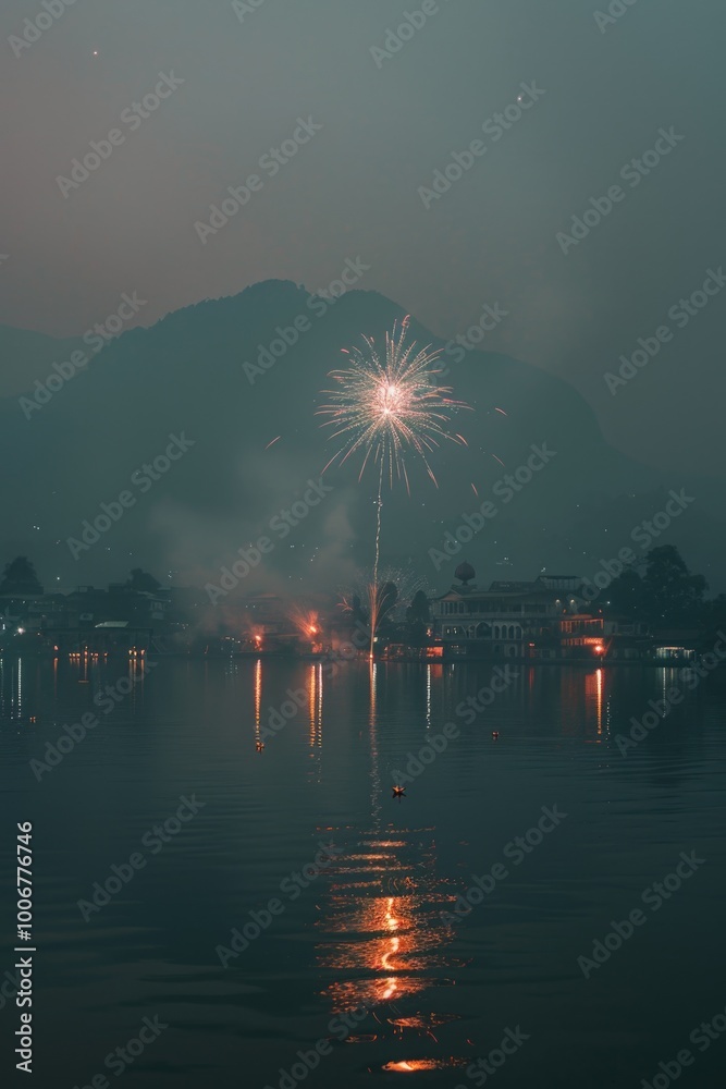 Poster A firework explodes in the night sky above a calm body of water, creating a beautiful display of light and color