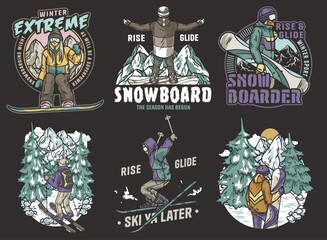 Obraz premium Collection of colorful illustrations featuring skiers and snowboarders enjoying winter sports against a backdrop of snowy mountains and pine trees