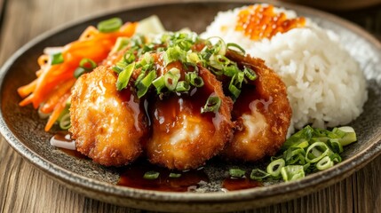 Fototapeta premium A vibrant serving of korokke on a rustic plate, drizzled with sauce and garnished with green onions, accompanied by a side of steamed rice and pickled vegetables.