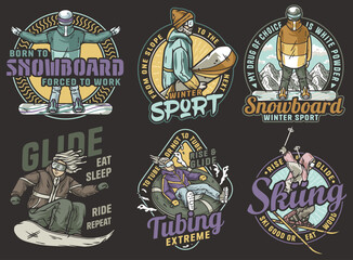 Obraz premium Set of six colorful vintage badges featuring snowboarders enjoying their favorite sport and a skier speeding down the slopes
