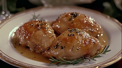 Three golden-brown chicken thighs, glistening with sauce and garnished with rosemary sprigs, served on a white plate.