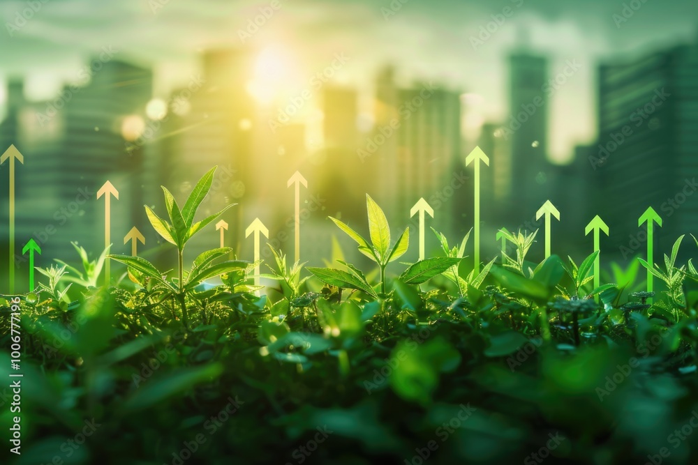 Poster urban landscape with greenery and abstract designs, ideal for representing innovation and progress