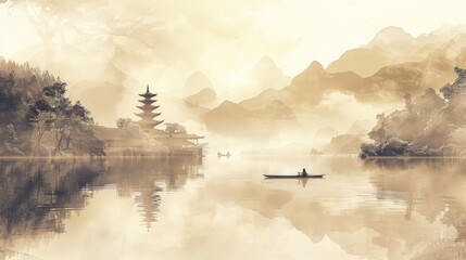 A man is sailing on a calm lake surrounded by mountains