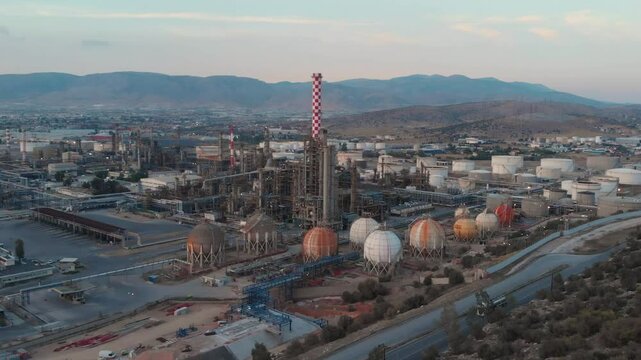 Arrial view of the huge industrial complex of the petrol refinery and industry in Athens, drone shot