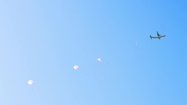 Military aircraft releases parachutists during a coordinated air drop, with white parachutes opening mid-air against a clear blue sky. Captured during a military NATO exercise