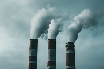 Three industrial chimneys release thick plumes of smoke into the air.