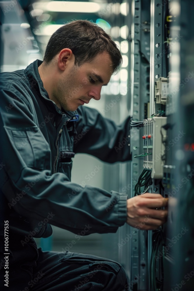 Aufkleber A person operating a computer in a data center or server room setting, with various technical equipment and wires