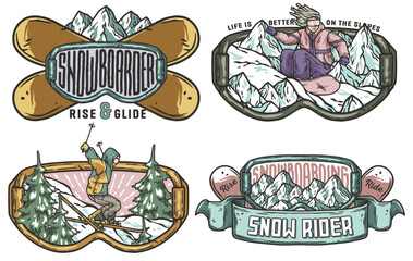 Four colorful vintage emblems with snowboarder and skier riding on a snowy mountain slope inside ski goggles, perfect for winter sports advertisement