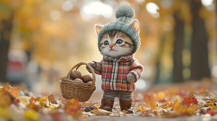 Cute cat wearing a knitted hat and plaid jacket holds a basket full of walnuts standing in a forest with autumn leaves.