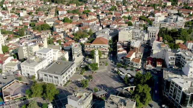 Xanthi Greece Aerial Point of Interest Shot of City Center Plaza and Clock Tower