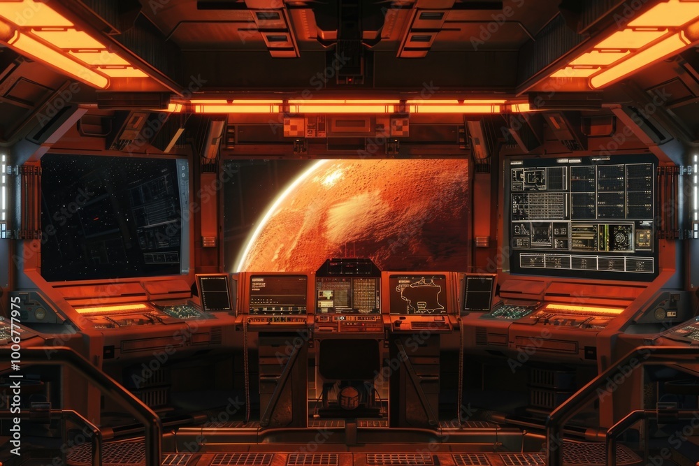 Poster View of a space station with multiple computers and equipment