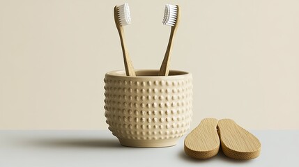 Two bamboo toothbrushes stand upright in a beige ceramic holder with a textured pattern.  Two additional bamboo pieces are lying in front of the holder on a gray surface.