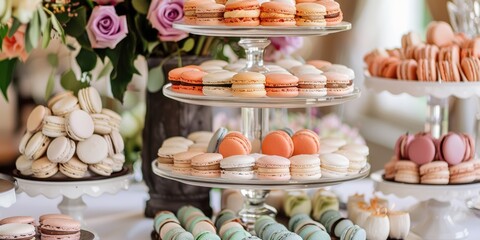A beautifully arranged dessert table showcasing colorful macarons in various flavors, elegantly presented at a stylish event surrounded by floral decorations