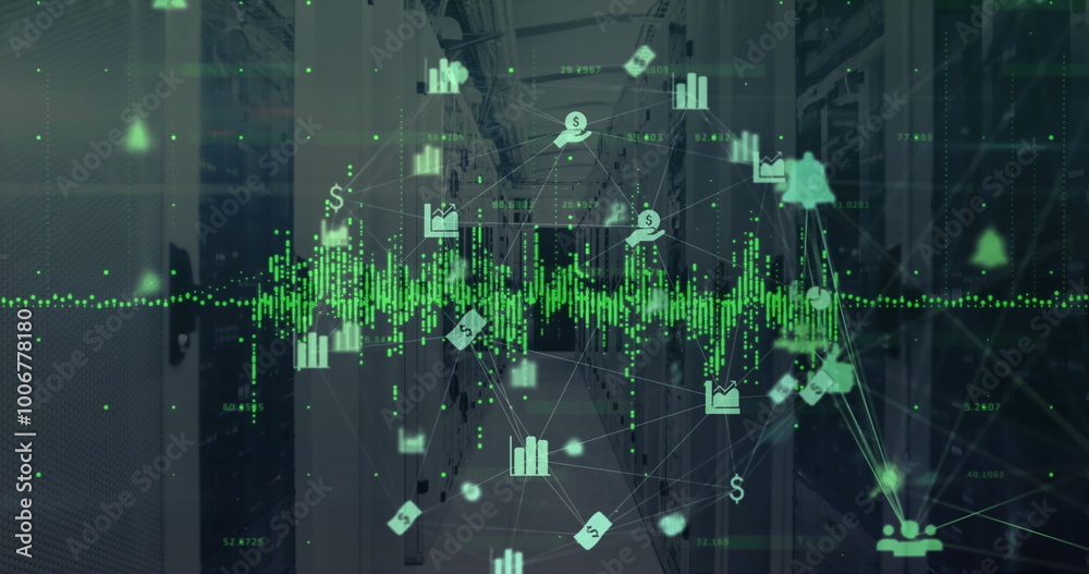 Poster image of icons and digital data processing over computer servers