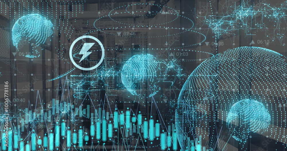 Poster image of icons and digital data processing over computer servers