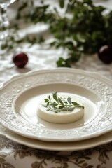  Eggshell-colored plate with a simple herb garnish, set on a damask tablecloth. 