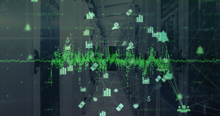 Image of icons and digital data processing over computer servers