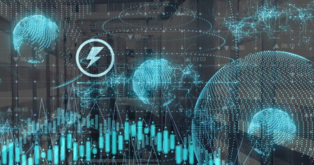 Image of icons and digital data processing over computer servers
