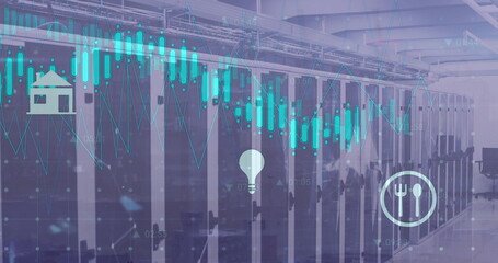Image of icons and digital data processing over computer servers