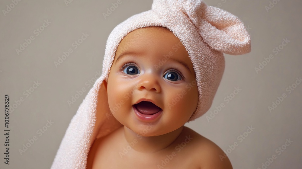 Sticker baby with a beautiful smile and with his face of surprise, on his head he has a white towel