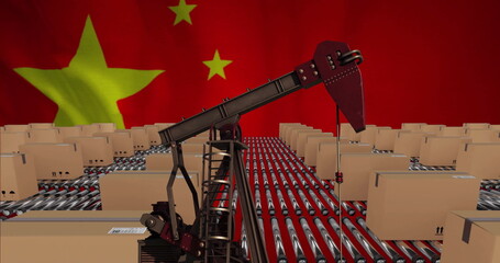 Image of pumping oil derrick and boxes on conveyor belts at warehouse over flag of china