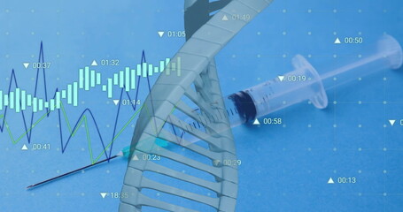 Image of dna strand and data processing over vaccination