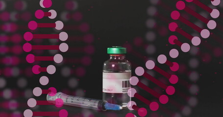 Image of dna strands and data processing over vaccination