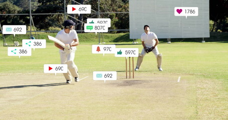 Image of icons and data processing over diverse male cricket players