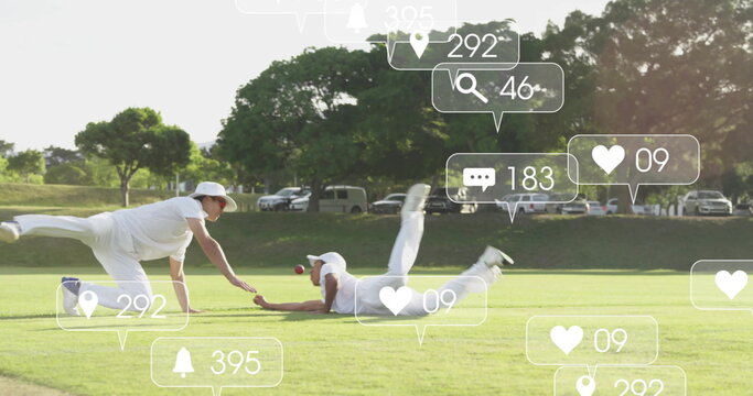 Image of icons and data processing over diverse male cricket players