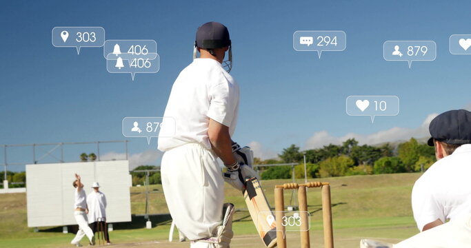 Image of icons and data processing over diverse male cricket players