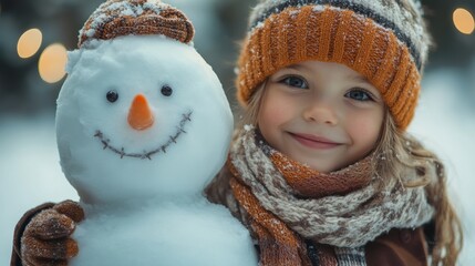 Child Building a Snowman. A happy child wearing a scarf and hat building a snowman in the winter garden.