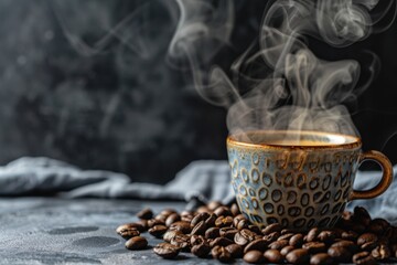 Steaming Black Coffee Cup with Roasted Beans on Rustic Wooden Table






