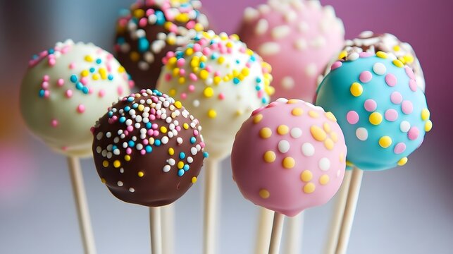 Delicious cake pops decorated with frosting chocolate