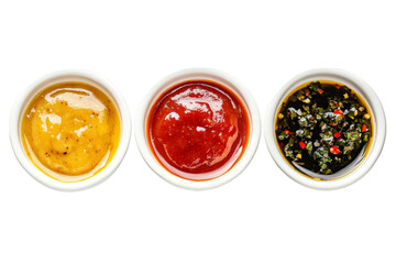 Set of three different sauces top view on transparent background