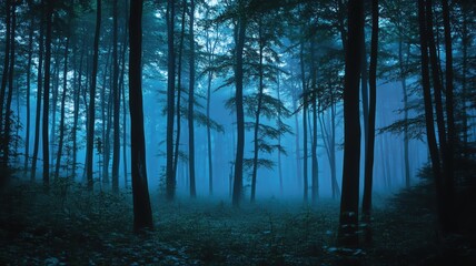 Fototapeta premium Eerie forest at twilight with silhouetted trees and fading light, Forest, Mystical woods