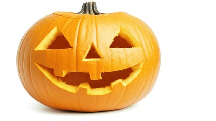 Fototapeta premium A close-up of a carved Halloween pumpkin with intricate designs, set against a white background, highlighting its craftsmanship and seasonal charm.