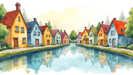Naklejka premium Charming village houses watercolor style by Ai