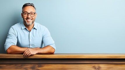 Casual Elegance: This handsome man leans against the wooden counter, his gray hair neatly styled. His pastel blue shirt—crisp yet relaxed—hints at both professionalism and comfort. Glasses perch 