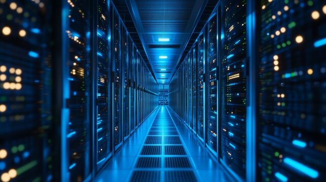 An advanced server room with blue lighting, filled with servers and digital equipment, representing data and technology.