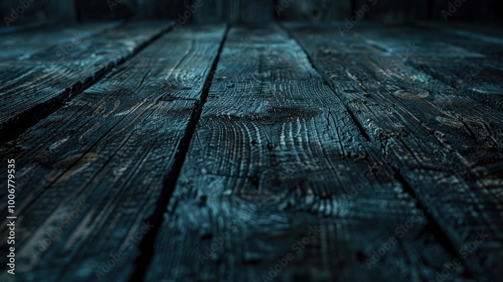 Poster a close-up shot of a wooden floor in a dark room, perfect for setting the mood with dim lighting and