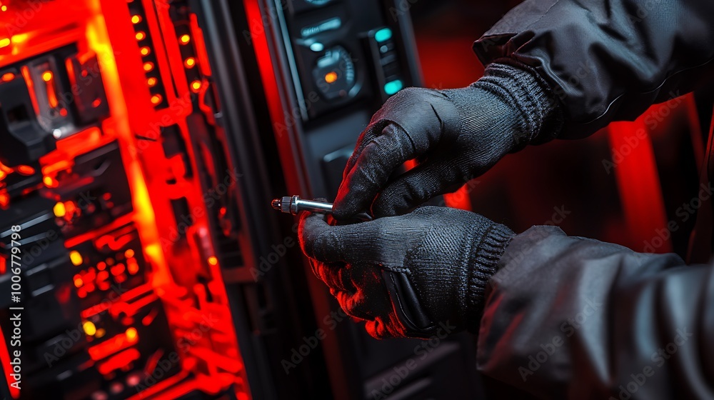 Poster engineer inserting diagnostic tool into energy storage battery