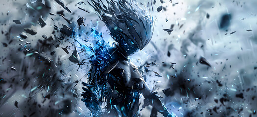 Obraz premium shadowy figure dissolving into dark particles, with glowing blue highlights. Surreal energy swirls in a stormy, mysterious landscape. Perfect for fantasy, chaos, and digital art. Wallpaper for PC