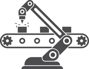 Automatic arm on industrial conveyor black icon. Factory robotization