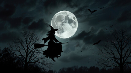 Fototapeta premium Witch Flying Under Full Moon in Night Sky